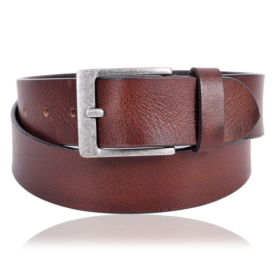 Brown leather belt with brushed metal buckle